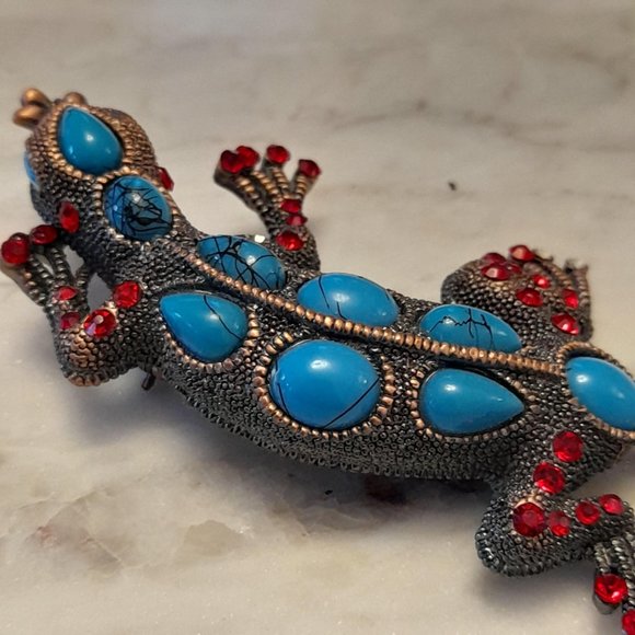 4 inch Turquoise and Red Crystal Gecko Brooch - Picture 5 of 11